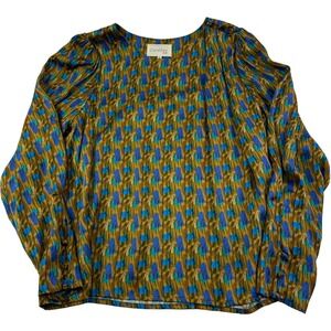 Cotelac Acote Brown w/ Blue Abstract Design Long Sleeve Viscose Blouse Top Sz 2‎